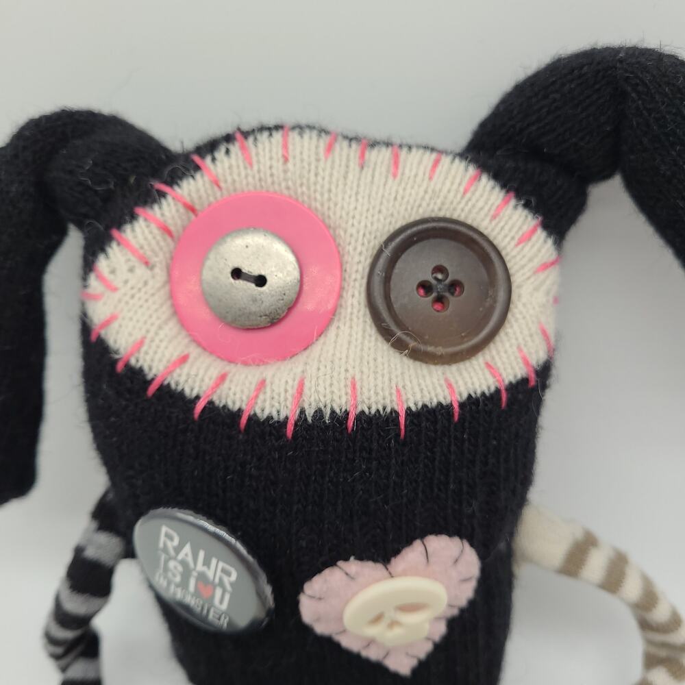 OOAK Handmade Sock Monster Plush Art Doll Goth Emo Scene Button Eyes Skull Pin 9